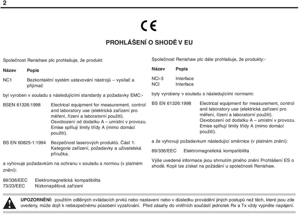 Osvobození od dodatku A umístní v provozu. Emise splňují limity třídy A (mimo domácí použití). BS EN 60825-1:1994 Bezpečnost laserových produktů.