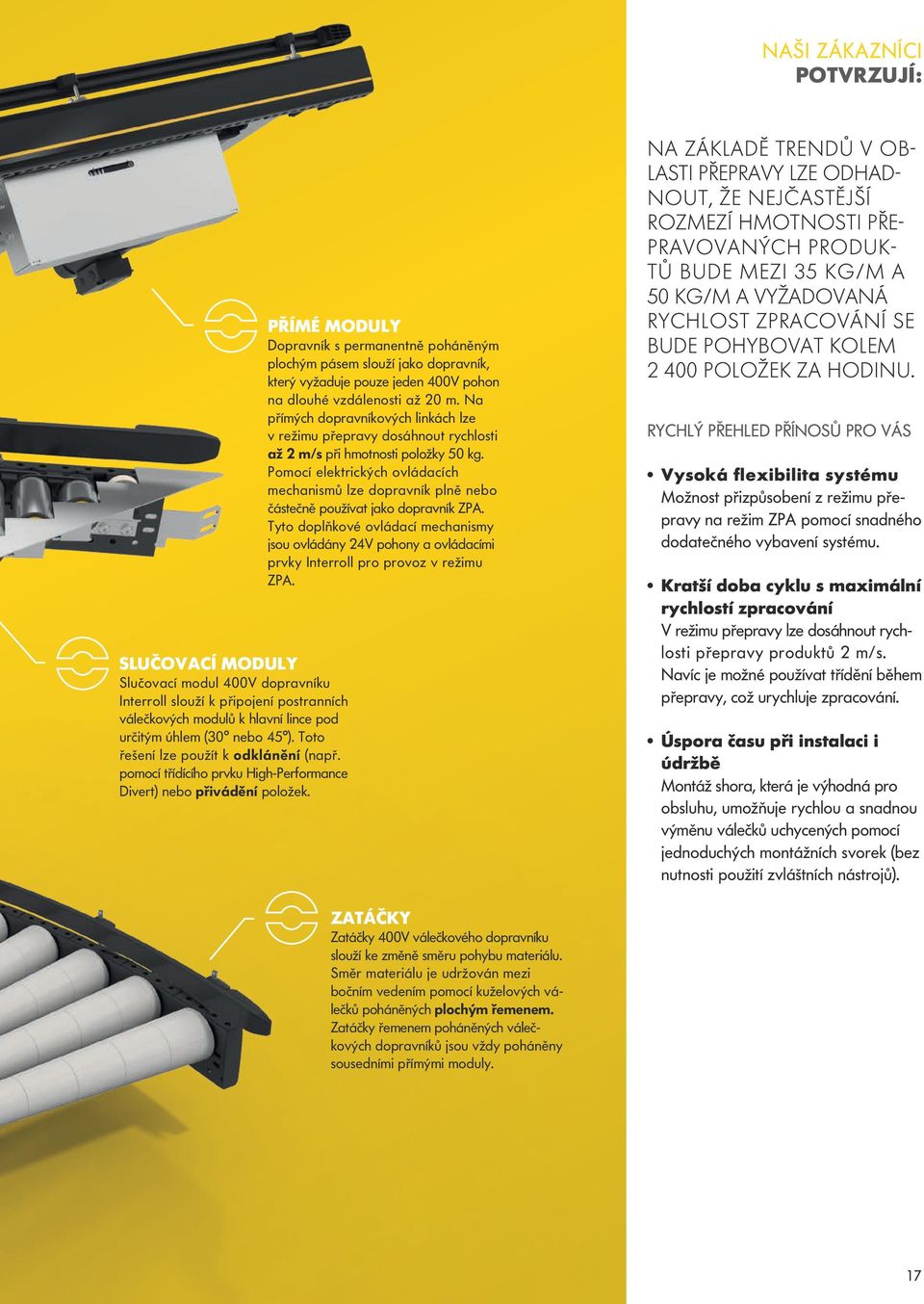 PŘÍMÉ MODULY Dopravník s permanentně poháněným plochým pásem slouží jako dopravník, který vyžaduje pouze jeden 400V pohon na dlouhé vzdálenosti až 20 m.