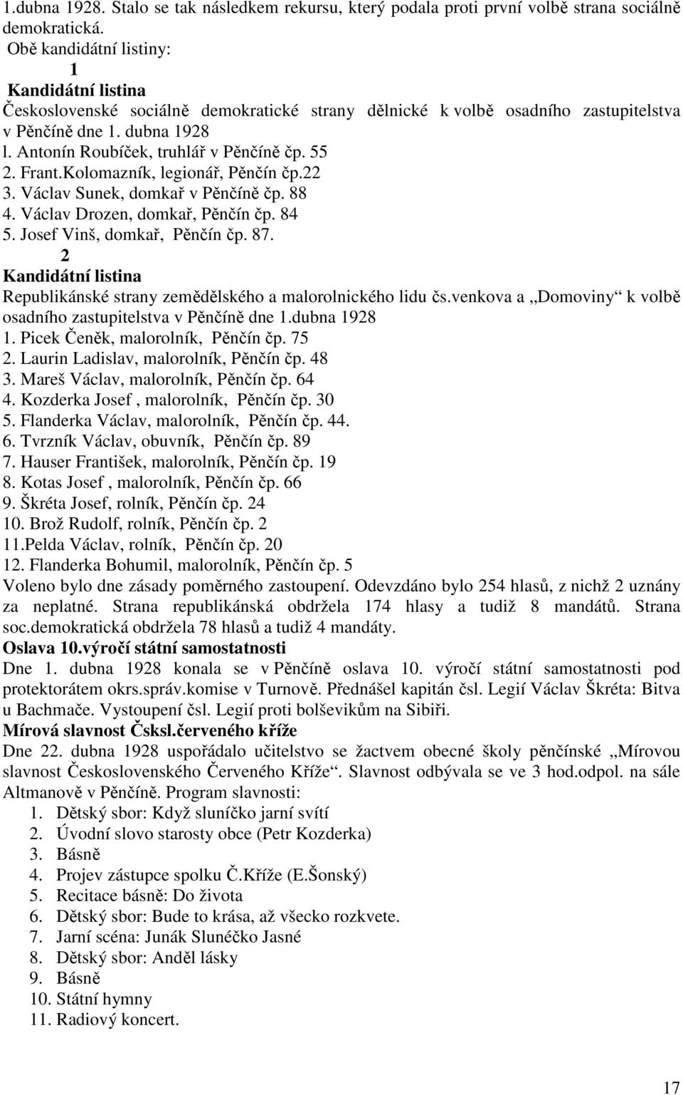 55 2. Frant.Kolomazník, legionář, Pěnčín čp.22 3. Václav Sunek, domkař v Pěnčíně čp. 88 4. Václav Drozen, domkař, Pěnčín čp. 84 5. Josef Vinš, domkař, Pěnčín čp. 87.