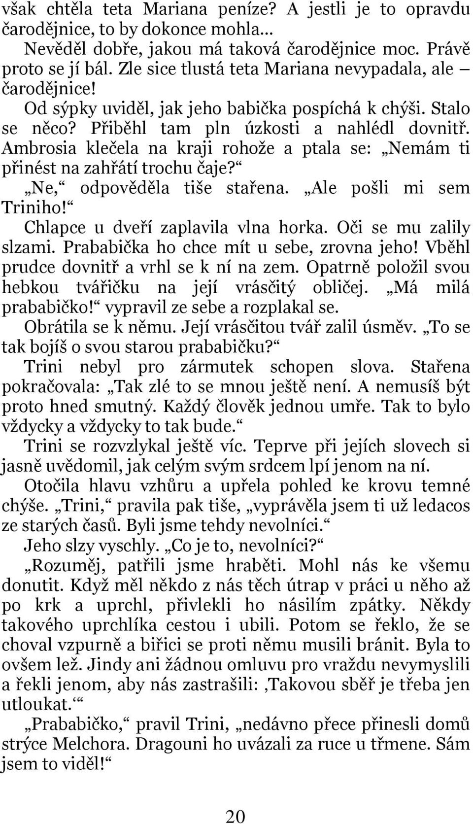 Ambrosia klečela na kraji rohože a ptala se: Nemám ti přinést na zahřátí trochu čaje? Ne, odpověděla tiše stařena. Ale pošli mi sem Triniho! Chlapce u dveří zaplavila vlna horka.