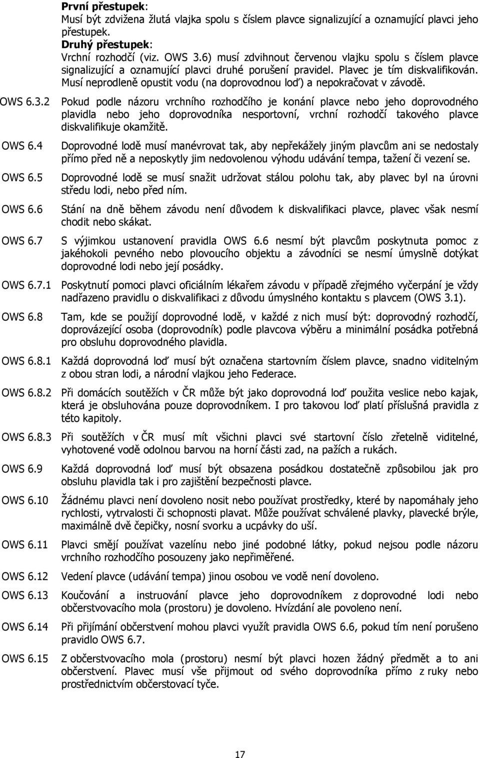 Musí neprodleně opustit vodu (na doprovodnou loď) a nepokračovat v závodě. OWS 6.3.