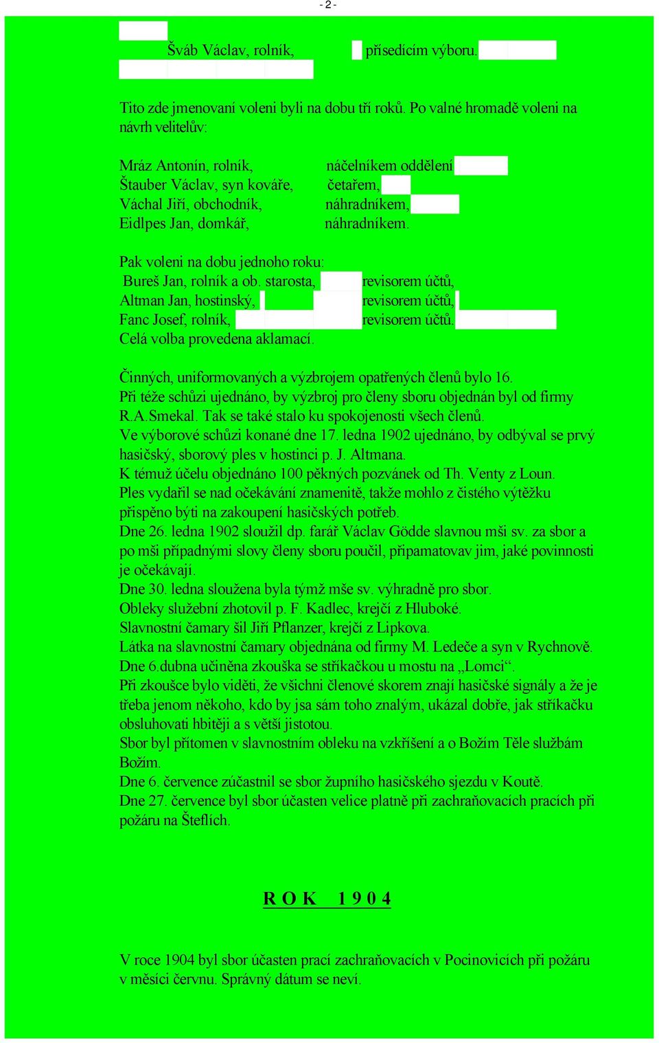 Pak voleni na dobu jednoho roku: Bureš Jan, rolník a ob. starosta, Altman Jan, hostinský, Fanc Josef, rolník, Celá volba provedena aklamací. revisorem účtů, revisorem účtů, revisorem účtů.