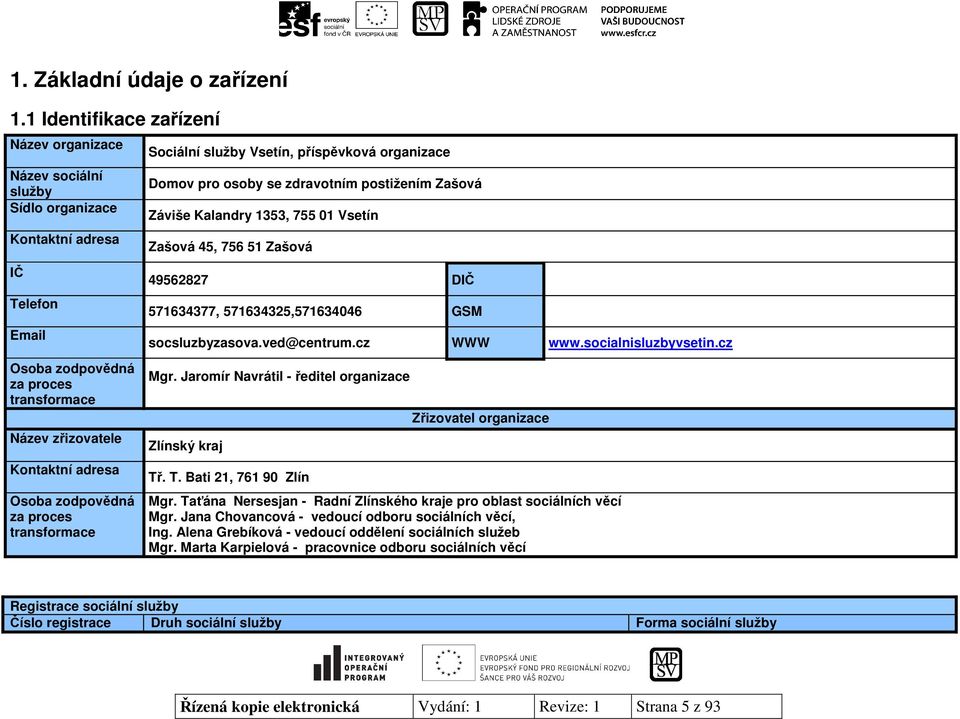 zodpovědná za proces transformace Sociální služby Vsetín, příspěvková organizace Domov pro osoby se zdravotním postižením Zašová Záviše Kalandry 1353, 755 01 Vsetín Zašová 45, 756 51 Zašová 49562827