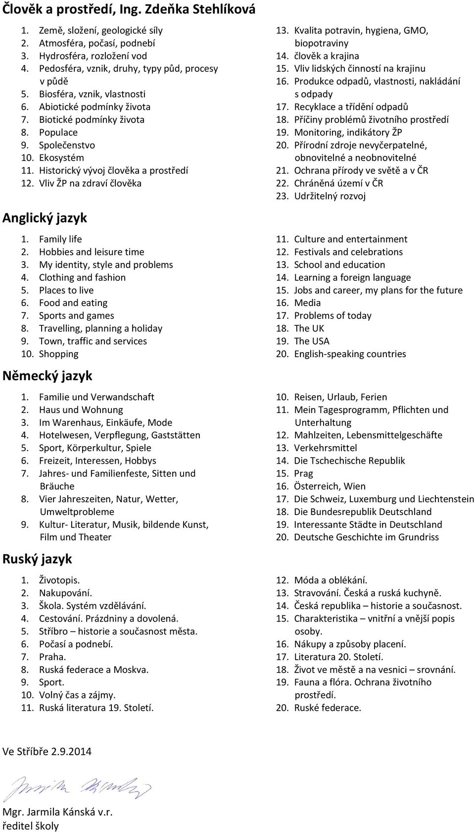 Vliv ŽP na zdraví člověka Anglický jazyk 1. Family life 2. Hobbies and leisure time 3. My identity, style and problems 4. Clothing and fashion 5. Places to live 6. Food and eating 7.