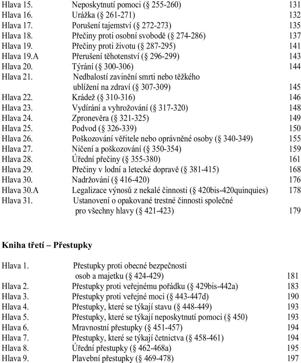 Nedbalostí zavinění smrti nebo těžkého ublížení na zdraví ( 307-309) 145 Hlava 22. Krádež ( 310-316) 146 Hlava 23. Vydírání a vyhrožování ( 317-320) 148 Hlava 24. Zpronevěra ( 321-325) 149 Hlava 25.