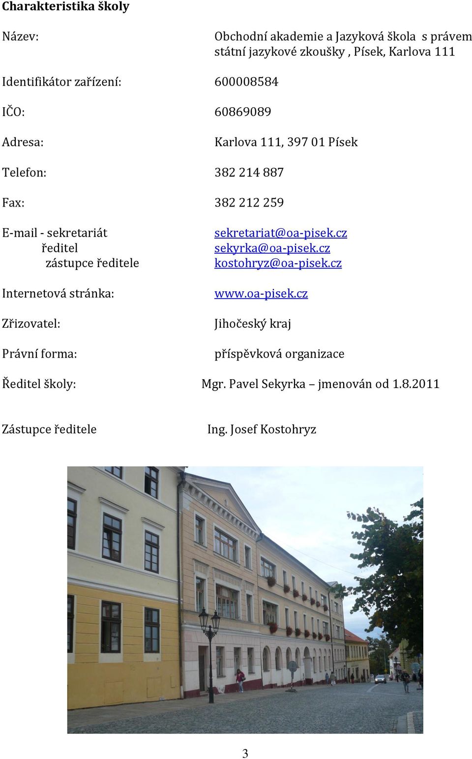 zástupce ředitele Internetová stránka: Zřizovatel: Právní forma: sekretariat@oa-pisek.cz sekyrka@oa-pisek.cz kostohryz@oa-pisek.cz www.