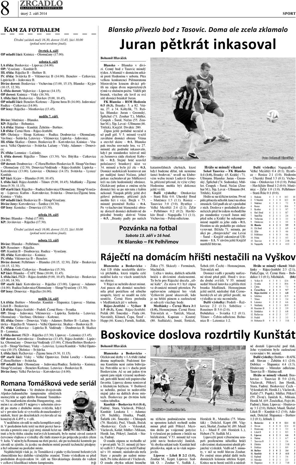 Divize dorost: Boskovice Vrchovina (13.00, 15.15). Blansko Kyjov (10.15, 12.30). I. třída dorost: Vojkovice Lipovec (14.15). OP dorost: Knínice Vísky (16.30). I. třída žáci: Boskovice Slavkov (9.