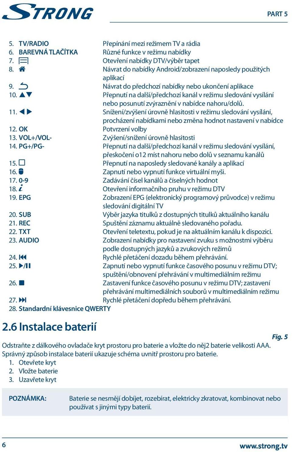 pq Přepnutí na další/předchozí kanál v režimu sledování vysílání nebo posunutí zvýraznění v nabídce nahoru/dolů. 11.