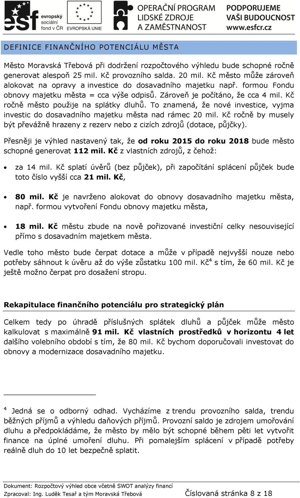 Kč ročně město použije na splátky dluhů. To znamená, že nové investice, vyjma investic do dosavadního majetku města nad rámec 20 mil.