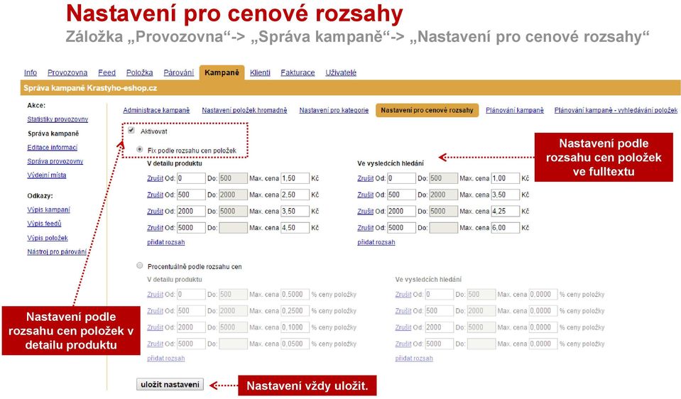 Nastavení podle rozsahu cen položek ve fulltextu