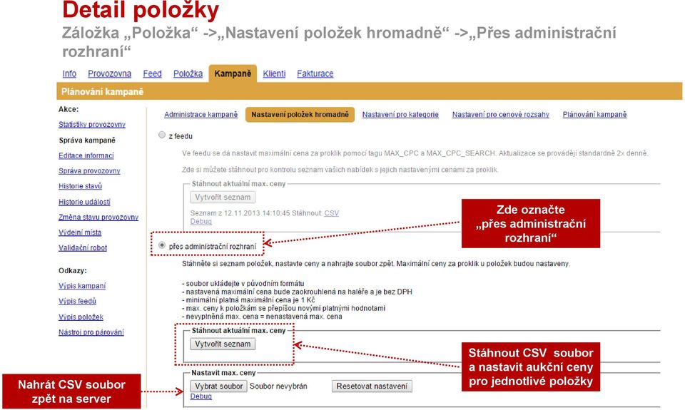 administrační rozhraní Nahrát CSV soubor zpět na server