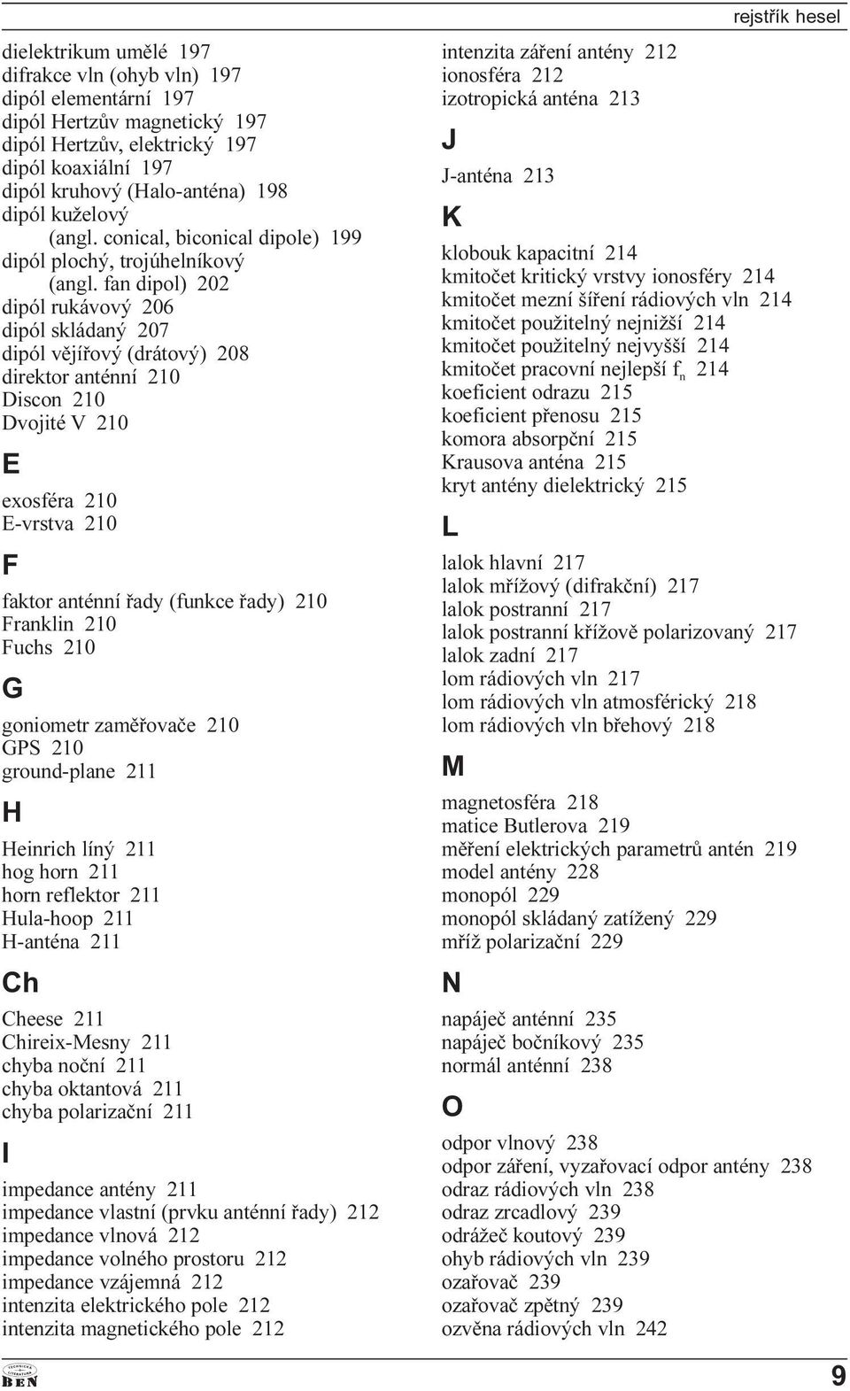 fan dipol) 202 dipól rukávový 206 dipól skládaný 207 dipól vìjíøový (drátový) 208 direktor anténní 210 Discon 210 Dvojité V 210 E exosféra 210 E-vrstva 210 F faktor anténní øady (funkce øady) 210