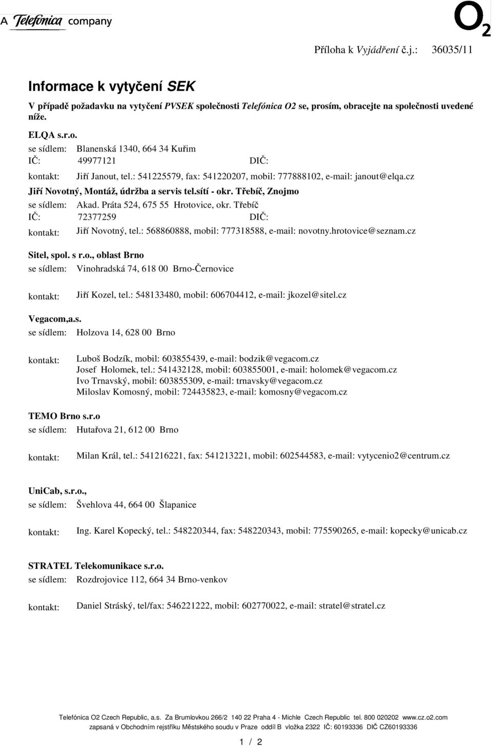 Tebí I: 72377259 DI: Jií Novotný, tel.: 568860888, mobil: 777318588, e-mail: novotny.hrotovice@seznam.cz Sitel, spol. s r.o., oblast Brno se sídlem: Vinohradská 74, 618 00 Brno-ernovice Jií Kozel, tel.