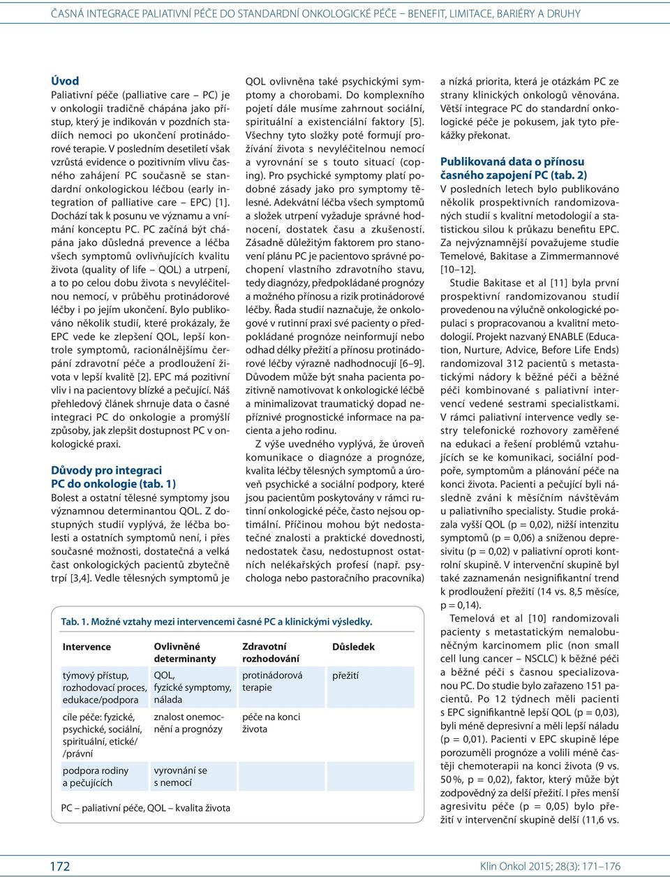 V posledním desetiletí však vzrůstá evidence o pozitivním vlivu časného zahájení PC současně se standardní onkologickou léčbou (early integration of palliative care EPC) [1].