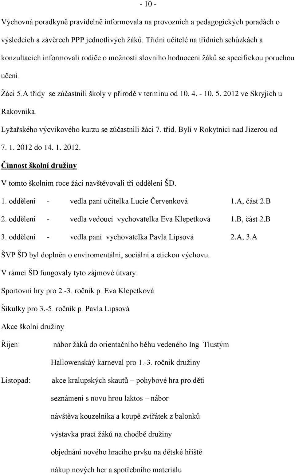 4. - 10. 5. 2012 ve Skryjích u Rakovníka. Lyžařského výcvikového kurzu se zúčastnili žáci 7. tříd. Byli v Rokytnici nad Jizerou od 7. 1. 2012 do 14. 1. 2012. Činnost školní družiny V tomto školním roce žáci navštěvovali tři oddělení ŠD.