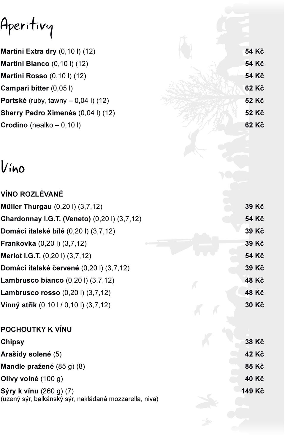 G.T. (0,20 l) (3,7,12) Domácí italské červené (0,20 l) (3,7,12) Lambrusco bianco (0,20 l) (3,7,12) Lambrusco rosso (0,20 l) (3,7,12) Vinný střik (0,10 l / 0,10 l) (3,7,12) 39 Kč 54 Kč 39 Kč 39 Kč 54