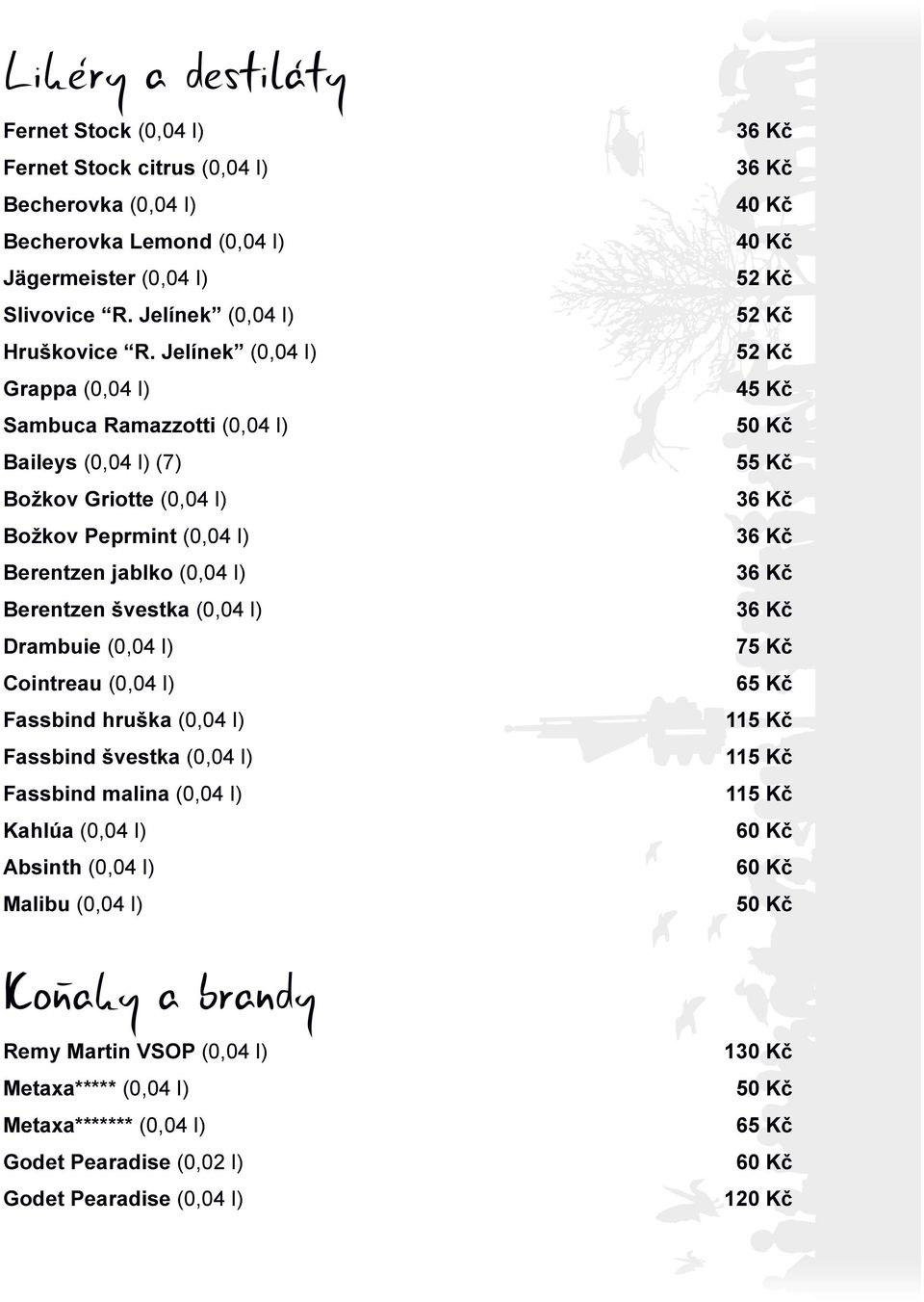 l) Cointreau (0,04 l) Fassbind hruška (0,04 l) Fassbind švestka (0,04 l) Fassbind malina (0,04 l) Kahlúa (0,04 l) Absinth (0,04 l) Malibu (0,04 l) 36 Kč 36 Kč 40 Kč 40 Kč 52 Kč 52 Kč 52 Kč 45 Kč 55