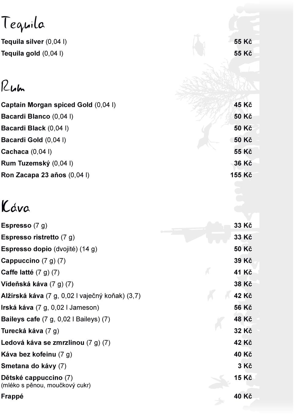 Alžírská káva (7 g, 0,02 l vaječný koňak) (3,7) Irská káva (7 g, 0,02 l Jameson) Baileys cafe (7 g, 0,02 l Baileys) (7) Turecká káva (7 g) Ledová káva se zmrzlinou (7 g) (7) Káva bez kofeinu