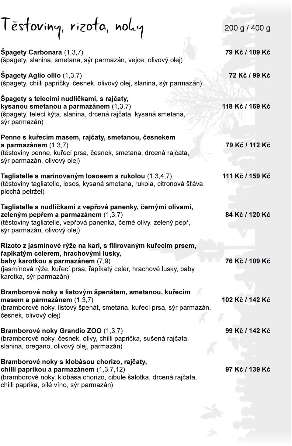 kuřecím masem, rajčaty, smetanou, česnekem a parmazánem (1,3,7) (těstoviny penne, kuřecí prsa, česnek, smetana, drcená rajčata, sýr parmazán, olivový olej) Tagliatelle s marinovaným lososem a rukolou