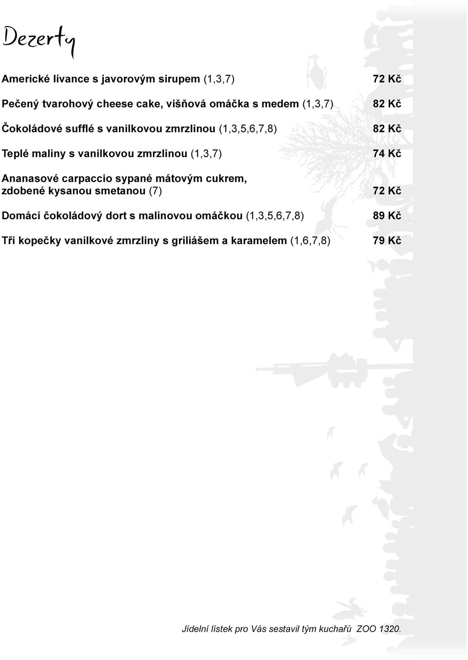 cukrem, zdobené kysanou smetanou (7) Domácí čokoládový dort s malinovou omáčkou (1,3,5,6,7,8) Tři kopečky vanilkové zmrzliny