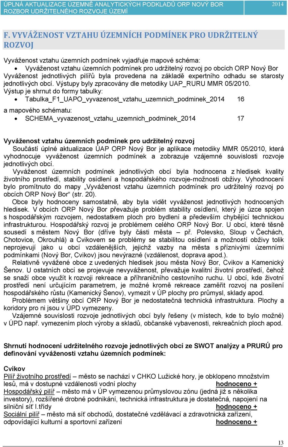 Výstup je shrnut do formy tabulky: Tabulka_F1_UAPO_vyvazenost_vztahu_uzemnich_podminek_ 16 a mapového schématu: SCHEMA_vyvazenost_vztahu_uzemnich_podminek_ 17 Vyváženost vztahu územních podmínek pro