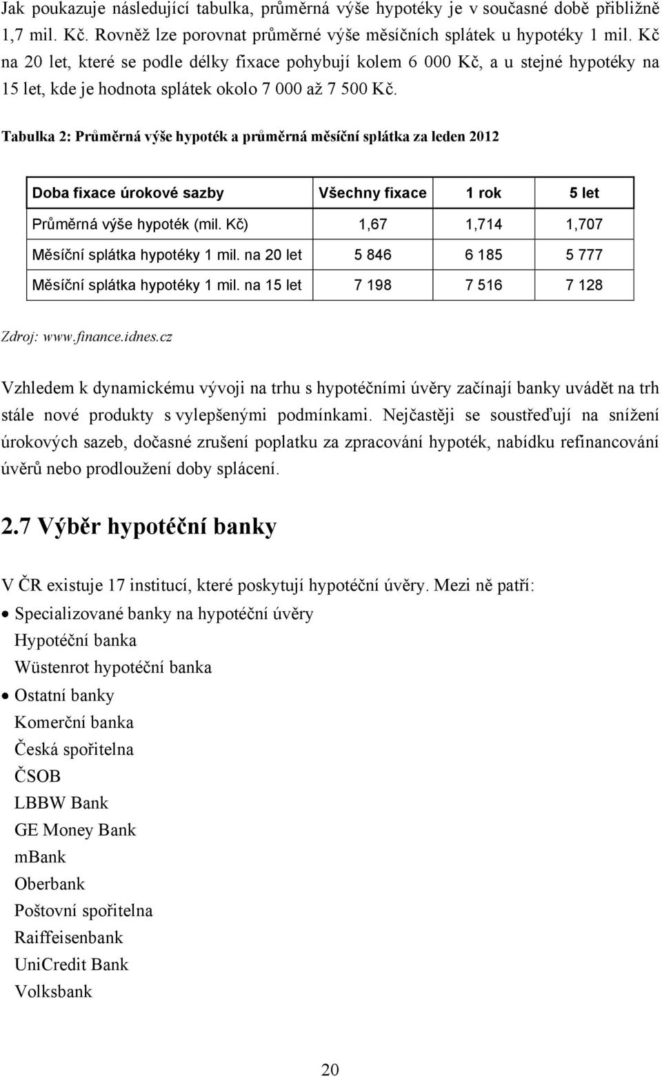 Tabulka 2: Průměrná výše hypoték a průměrná měsíční splátka za leden 2012 Doba fixace úrokové sazby Všechny fixace 1 rok 5 let Průměrná výše hypoték (mil.