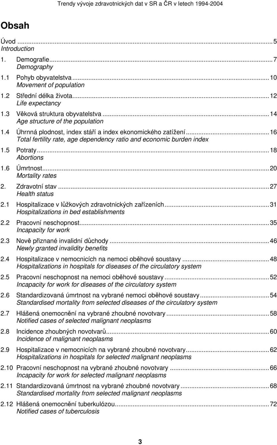 ..18 Abortions 1.6 Úmrtnost...20 Mortality rates 2. Zdravotní stav...27 Health status 2.1 Hospitalizace v lůžkových zdravotnických zařízeních...31 Hospitalizations in bed establishments 2.