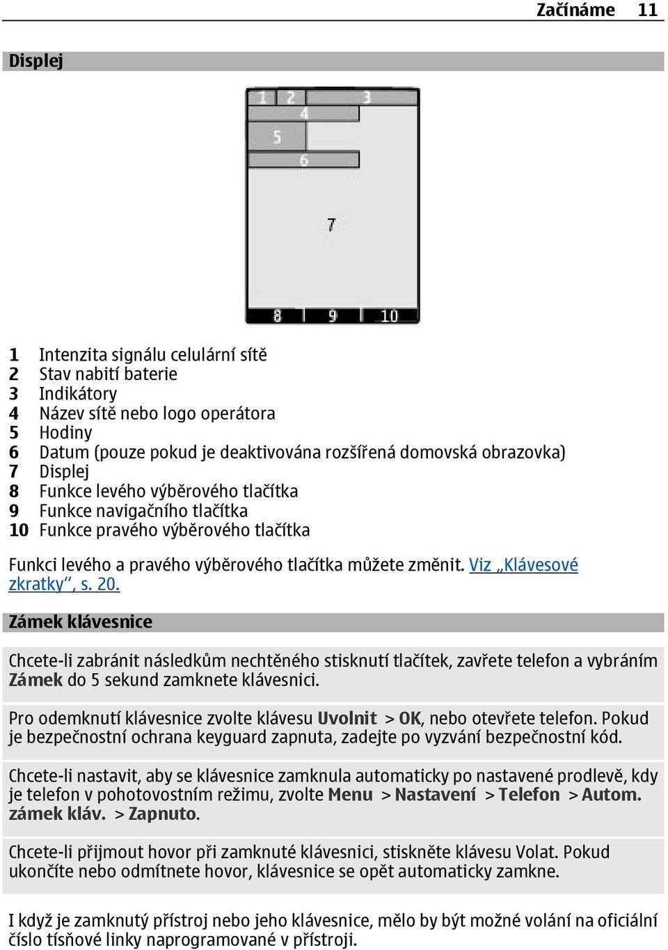 20. Zámek klávesnice Chcete-li zabránit následkům nechtěného stisknutí tlačítek, zavřete telefon a vybráním Zámek do 5 sekund zamknete klávesnici.