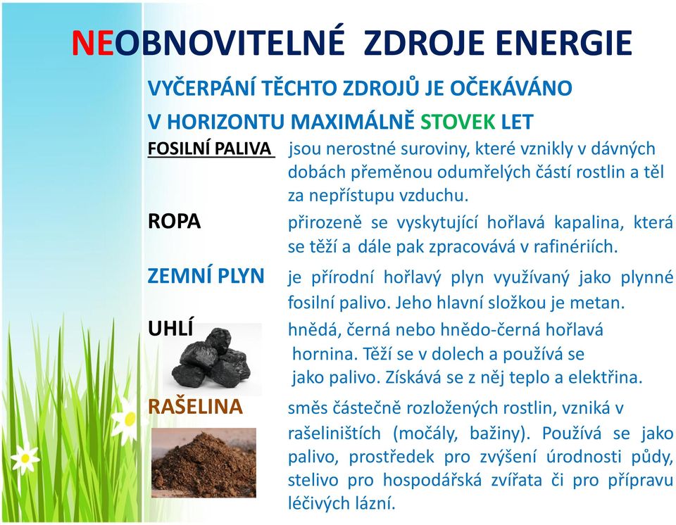 je přírodní hořlavý plyn využívaný jako plynné fosilní palivo. Jeho hlavní složkou je metan. hnědá, černá nebo hnědo-černá hořlavá hornina. Těží se v dolech a používá se jako palivo.