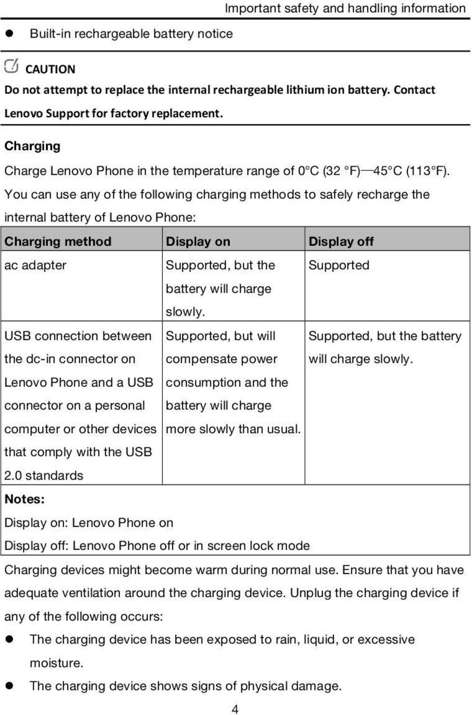 You can use any of the following charging methods to safely recharge the internal battery of Lenovo Phone: Charging method Display on Display off ac adapter Supported, but the Supported battery will