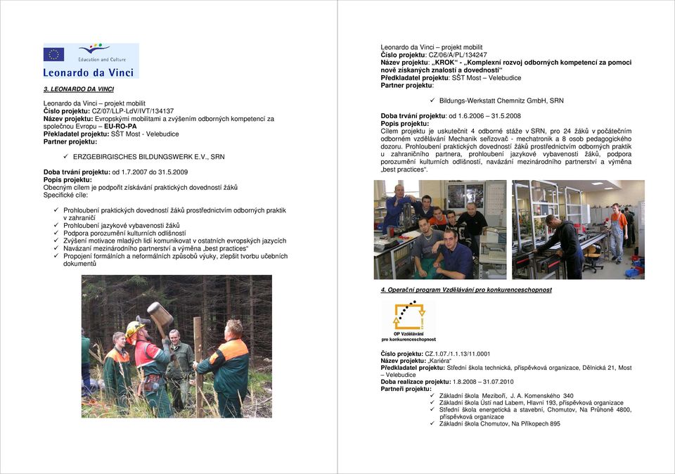 2009 Obecným cílem je podpořit získávání praktických dovedností žáků Specifické cíle: Leonardo da Vinci projekt mobilit Číslo projektu: CZ/06/A/PL/134247 Název projektu: KROK - Komplexní rozvoj