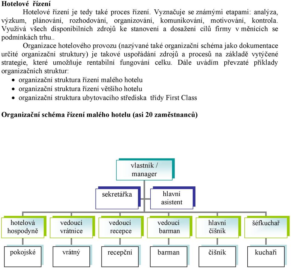 . Organizace hotelového provozu (nazývané také organizační schéma jako dokumentace určité organizační struktury) je takové uspořádání zdrojů a procesů na základě vytýčené strategie, které umožňuje