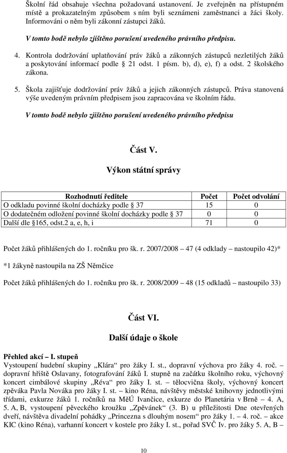Kontrola dodržování uplatňování práv žáků a zákonných zástupců nezletilých žáků a poskytování informací podle 21 odst. 1 písm. b), d), e), f) a odst. 2 školského zákona. 5.