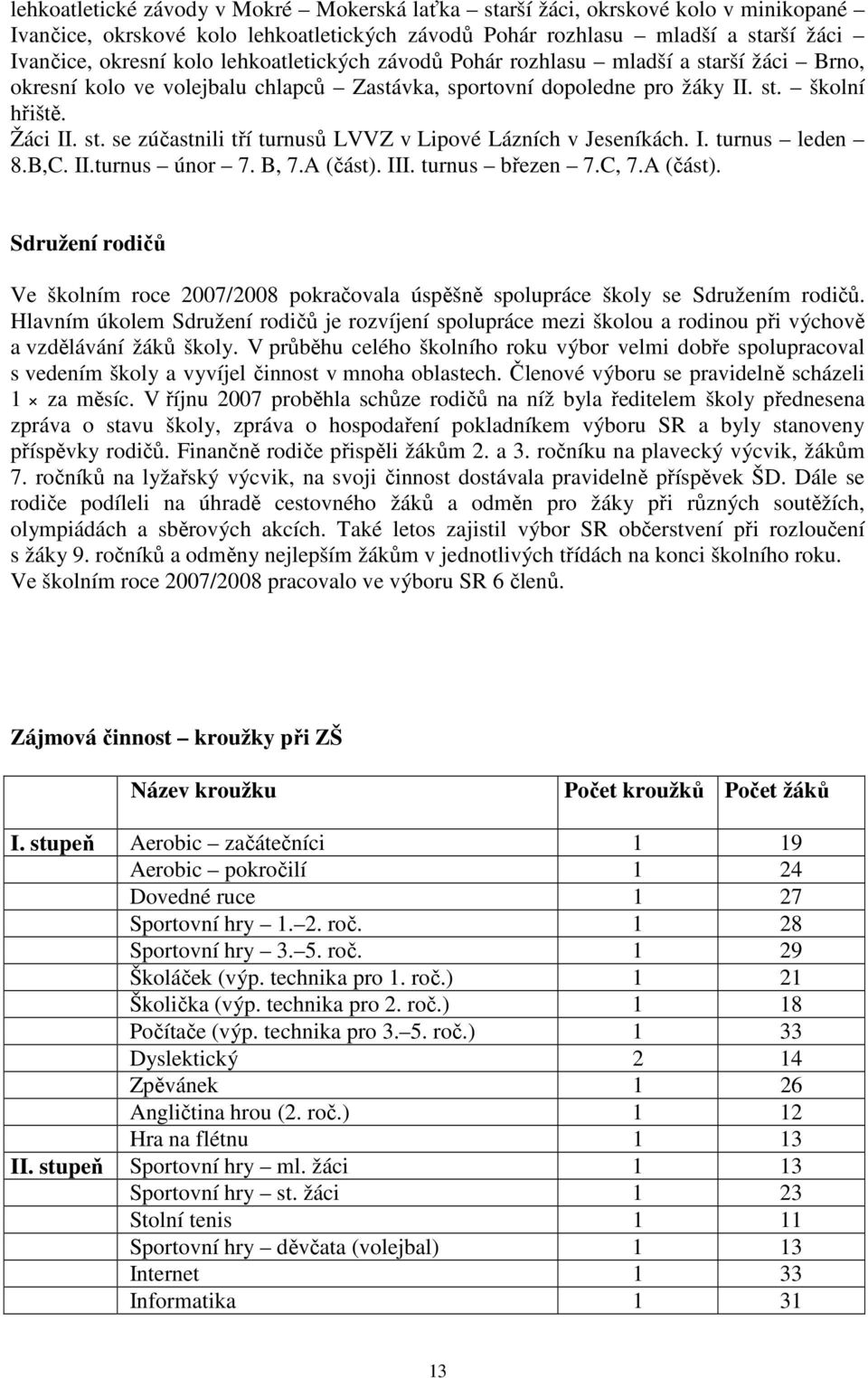 I. turnus leden 8.B,C. II.turnus únor 7. B, 7.A (část). III. turnus březen 7.C, 7.A (část). Sdružení rodičů Ve školním roce 2007/2008 pokračovala úspěšně spolupráce školy se Sdružením rodičů.