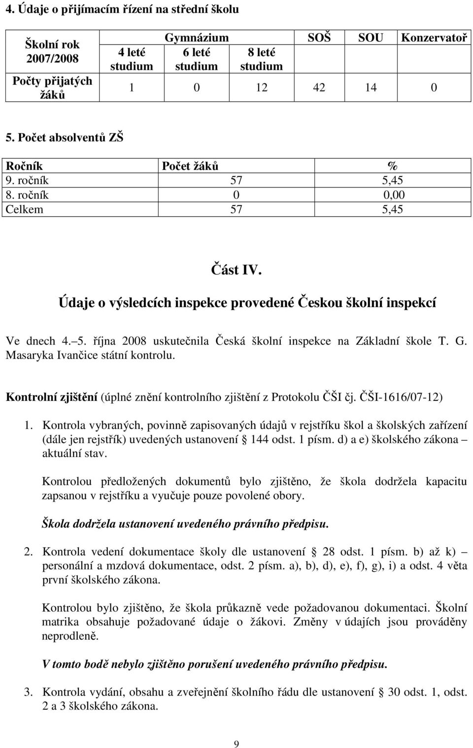 G. Masaryka Ivančice státní kontrolu. Kontrolní zjištění (úplné znění kontrolního zjištění z Protokolu ČŠI čj. ČŠI-1616/07-12) 1.