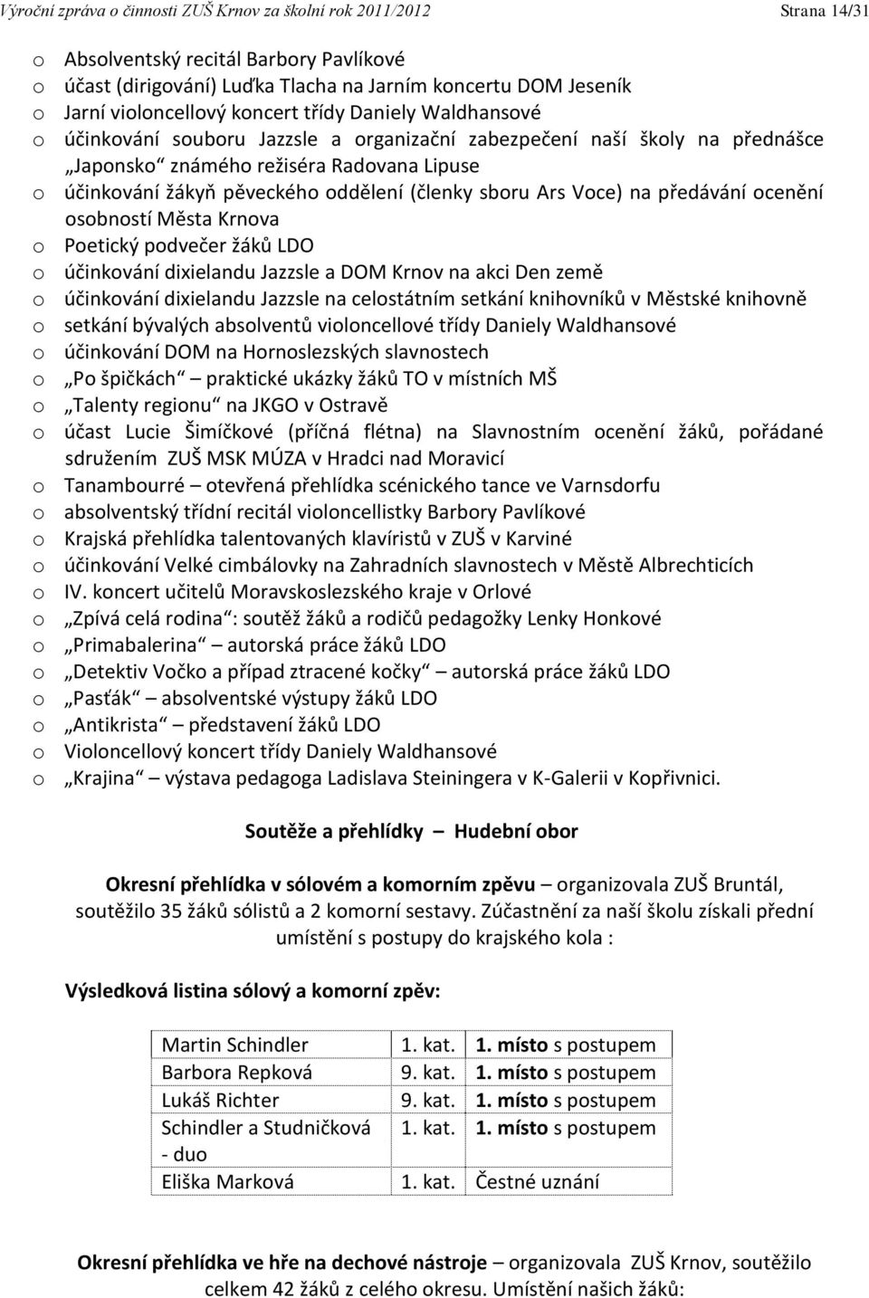 oddělení (členky sboru Ars Voce) na předávání ocenění osobností Města Krnova o Poetický podvečer žáků LDO o účinkování dixielandu Jazzsle a DOM Krnov na akci Den země o účinkování dixielandu Jazzsle