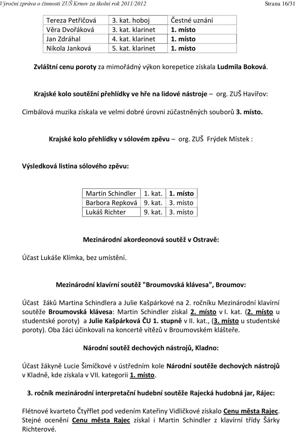 ZUŠ Havířov: Cimbálová muzika získala ve velmi dobré úrovni zúčastněných souborů 3. místo. Krajské kolo přehlídky v sólovém zpěvu org.