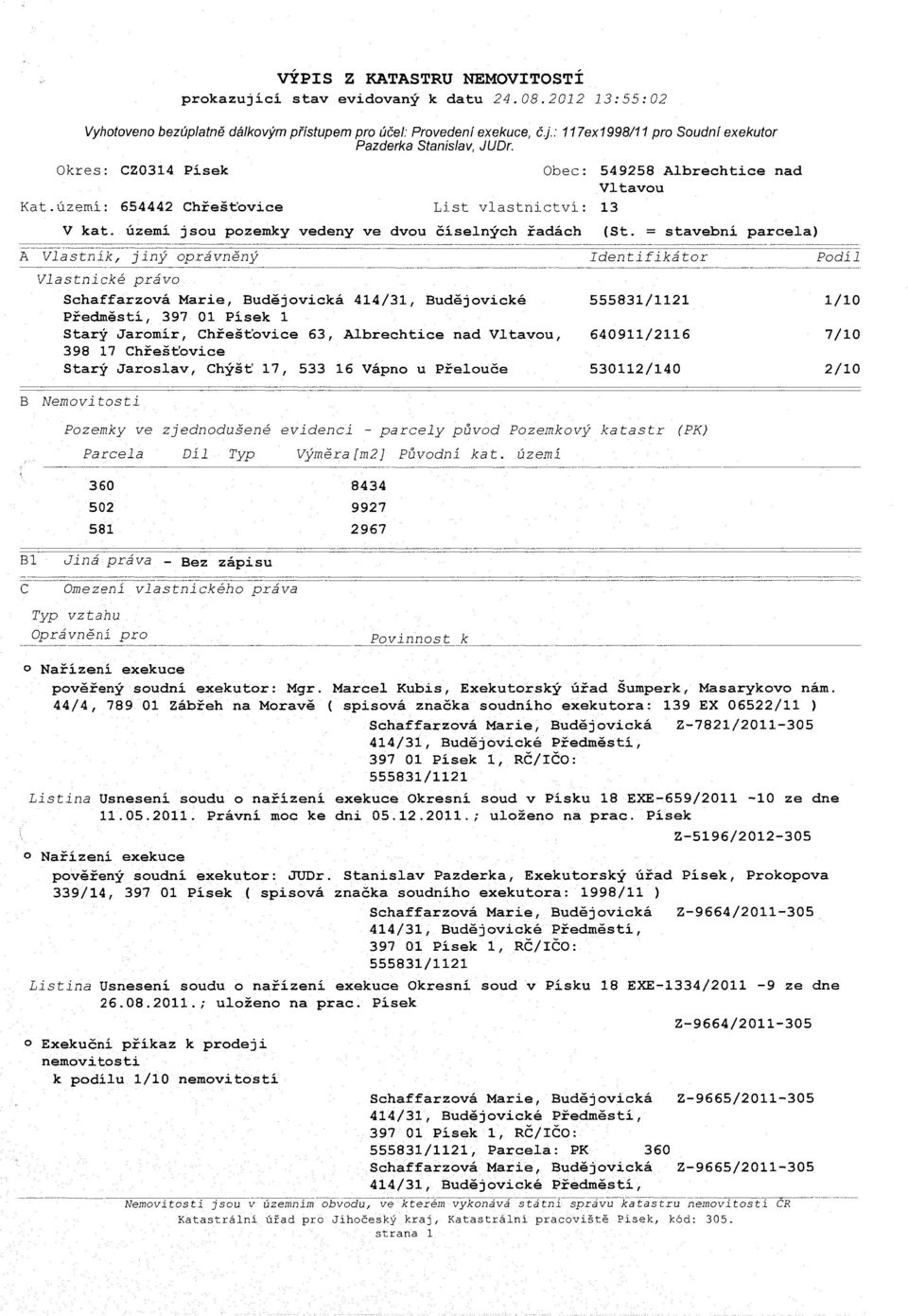 Okres: CZ0314 Písek Obec: 549258 Albrechtice nad Vltavou Kat.území: 654442 Chřešťovice List vlastnictví: 13 V kat. území jsou pozemky vedeny ve dvou číselných řadách (St.