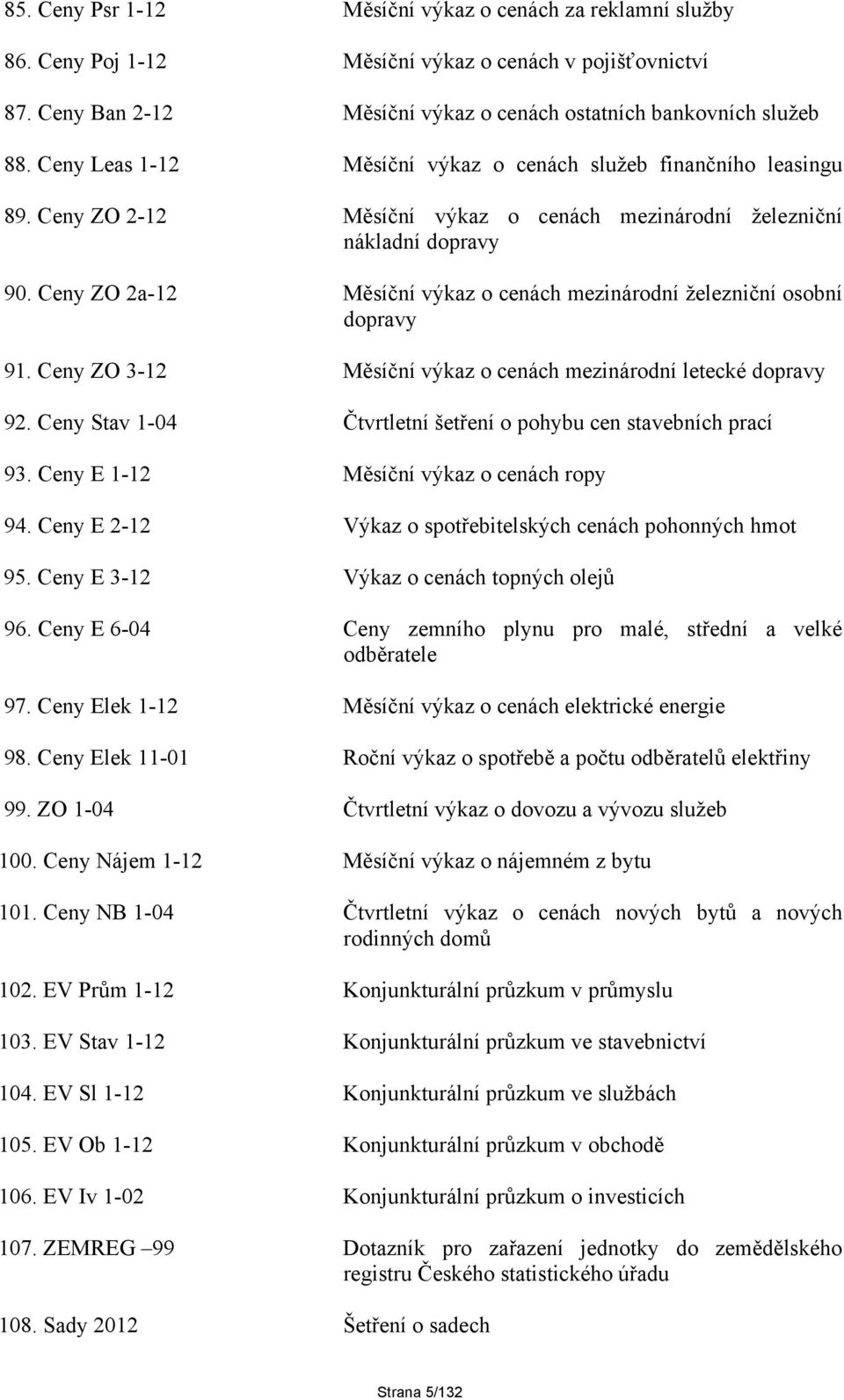 Ceny ZO 2a-12 Měsíční výkaz o cenách mezinárodní železniční osobní dopravy 91. Ceny ZO 3-12 Měsíční výkaz o cenách mezinárodní letecké dopravy 92.