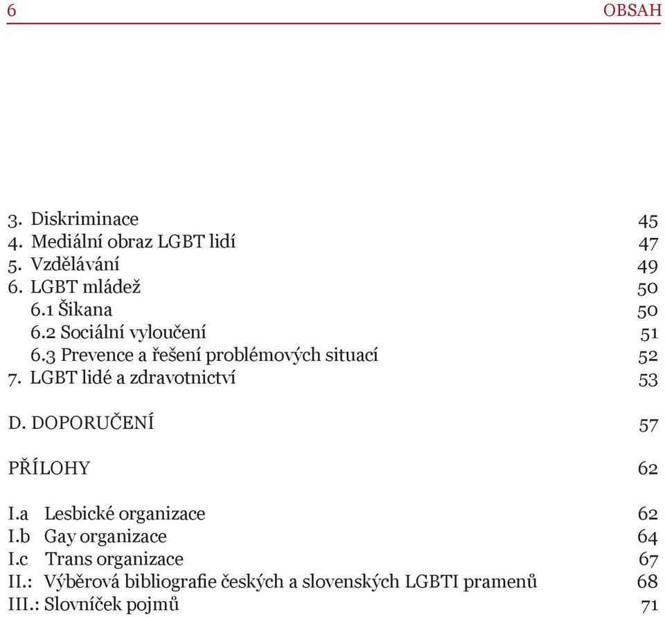 LGBT lidé a zdravotnictví 53 D. DOPORUČENÍ 57 PŘÍLOHY 62 I.a Lesbické organizace 62 I.