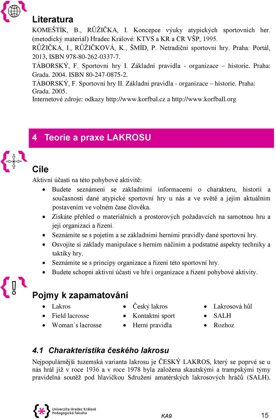 Základní pravidla - organizace historie. Praha: Grada. 2005. Internetové zdroje: odkazy http://www.korfbal.cz a http://www.korfball.