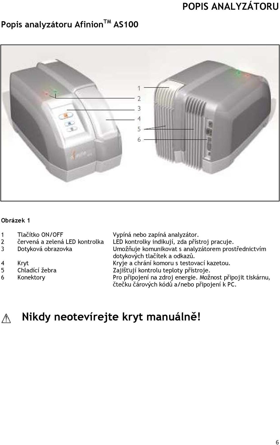 3 Dotyková obrazovka Umožňuje komunikovat s analyzátorem prostřednictvím dotykových tlačítek a odkazů.