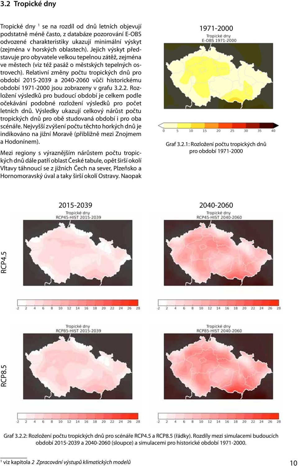 Relativní změny počtu tropických dnů pro období 2015-2039 a 2040-2060 vůči historickému období 1971-2000 jsou zobrazeny v grafu 3.2.2. Rozložení výsledků pro budoucí období je celkem podle očekávání podobné rozložení výsledků pro počet letních dnů.