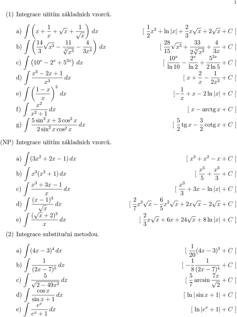 C ] f) d [ arctg + C ] + 5 sin + 3 cos g) sin d [ 5 cos tg 3 cotg + C ] (NP) Integrace užitím základních vzorců.