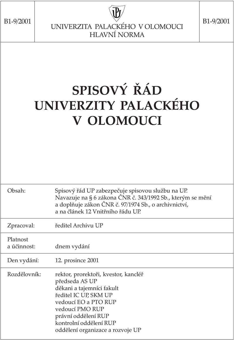 , o archivnictví, a na článek 12 Vnitřního řádu UP. ředitel rchivu UP dnem vydání Den vydání: 12.