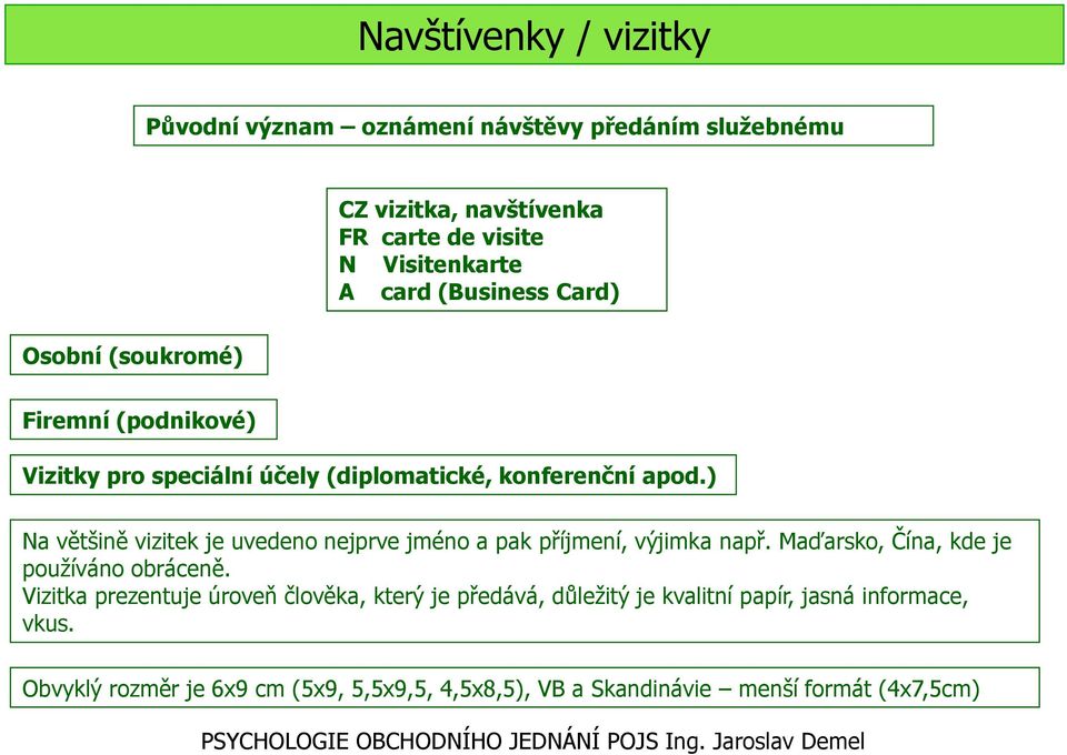 ) Na většině vizitek je uvedeno nejprve jméno a pak příjmení, výjimka např. Maďarsko, Čína, kde je používáno obráceně.