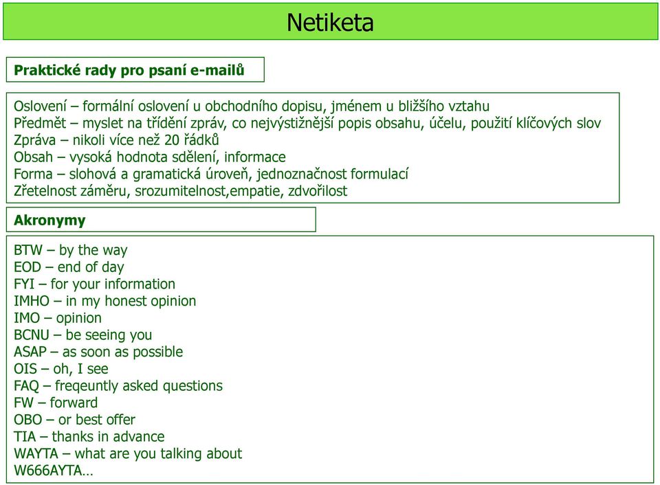 formulací Zřetelnost záměru, srozumitelnost,empatie, zdvořilost Akronymy BTW by the way EOD end of day FYI for your information IMHO in my honest opinion IMO opinion
