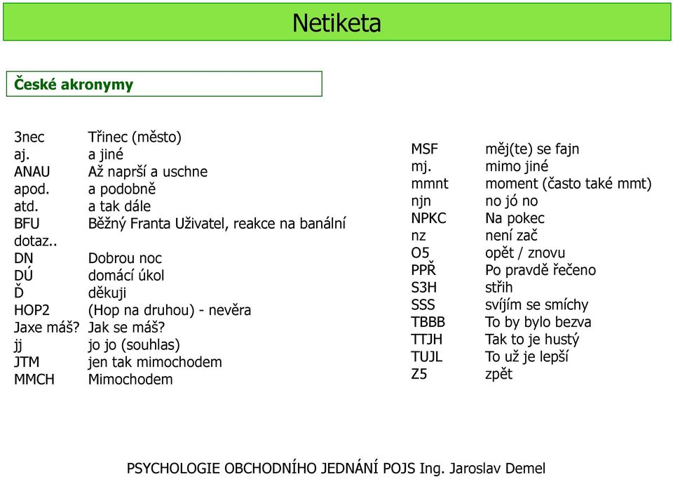 . DN Dobrou noc DÚ domácí úkol Ď děkuji HOP2 (Hop na druhou) - nevěra Jaxe máš? Jak se máš?