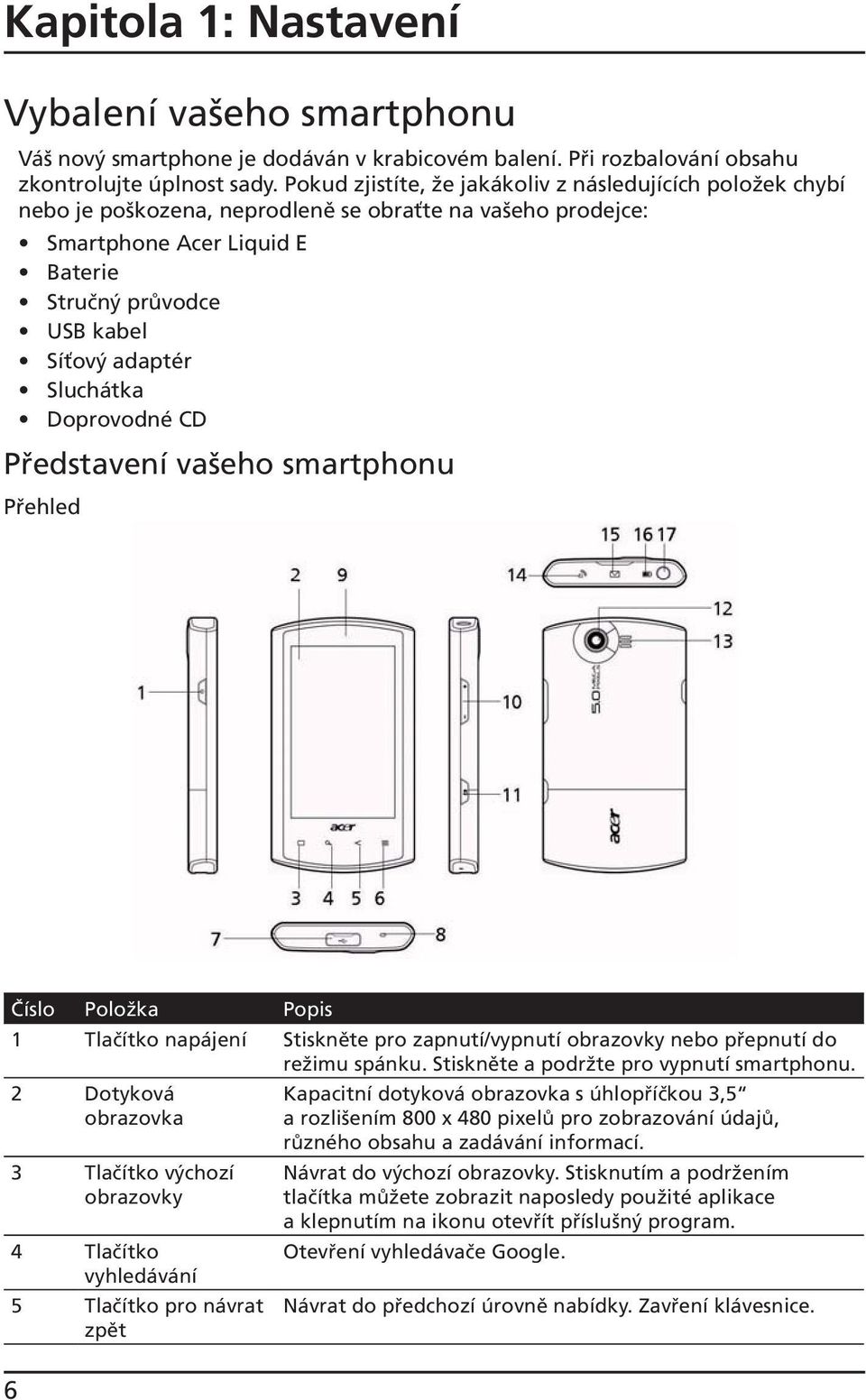 Sluchátka Doprovodné CD Představení vašeho smartphonu Přehled Číslo Položka Popis 1 Tlačítko napájení Stiskněte pro zapnutí/vypnutí obrazovky nebo přepnutí do režimu spánku.