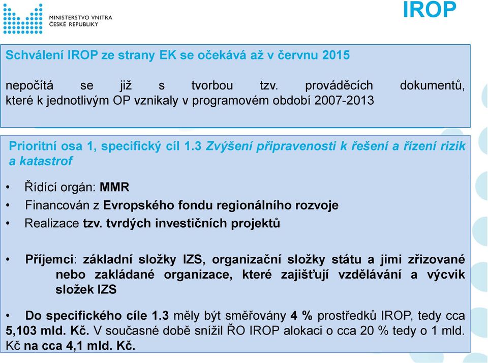 3 Zvýšení připravenosti k řešení a řízení rizik a katastrof Řídící orgán: MMR Financován z Evropského fondu regionálního rozvoje Realizace tzv.